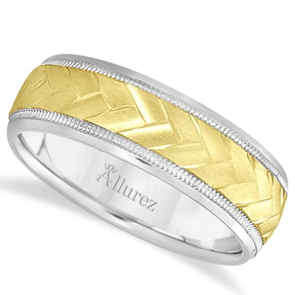 Braided Men's Wedding Ring Diamond Cut Band 18k Two Tone Gold (7 mm)