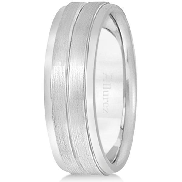 Carved Wedding Band in 14k White Gold For Men (7mm)