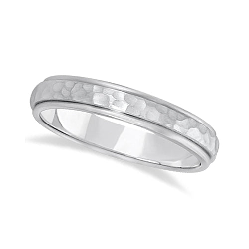 Satin Hammered Finished Carved Wedding Ring Band 14k White Gold (4mm)