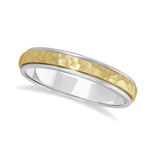 Satin Hammered Finished Carved Wedding Ring Band 14k Two-Tone Gold (4mm)