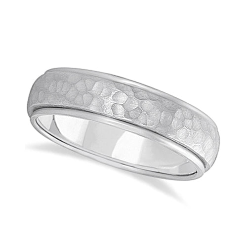 Mens Satin Hammer Finished Wedding Ring Wide Band 14k White Gold (6mm)