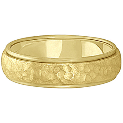 Mens Satin Hammer Finished Wedding Ring Wide Band 14k Yellow Gold (6mm)