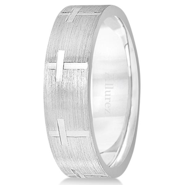 Carved Wedding Band With Crosses in 14k White Gold (7mm)