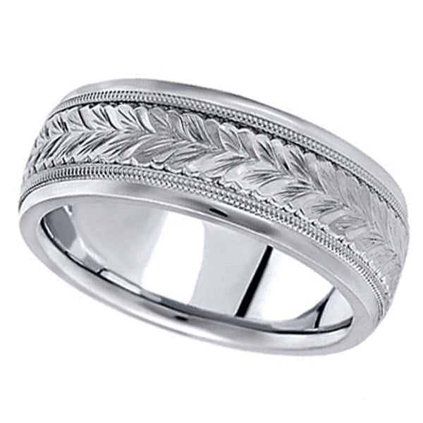 Hand Engraved Wedding Band Carved Ring in 14k White Gold (6.5mm)