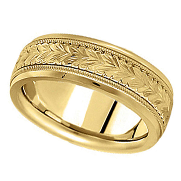 Hand Engraved Wedding Band Carved Ring in 14k Yellow Gold (6.5mm)