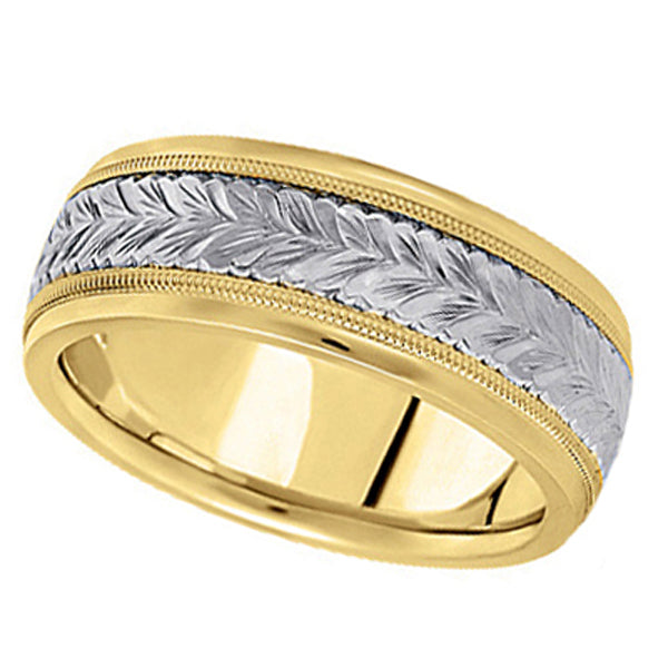 Hand Engraved Two Tone Wedding Band Carved Ring in 14k Gold (6.5mm)