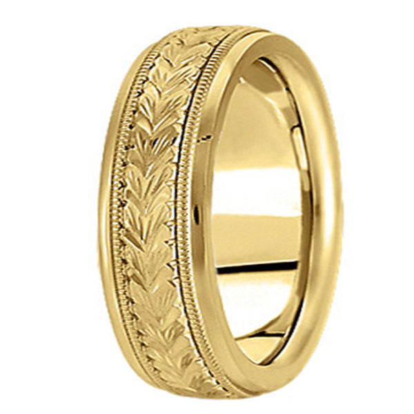 Hand Engraved Wedding Band Carved Ring in 14k Yellow Gold (6.5mm)