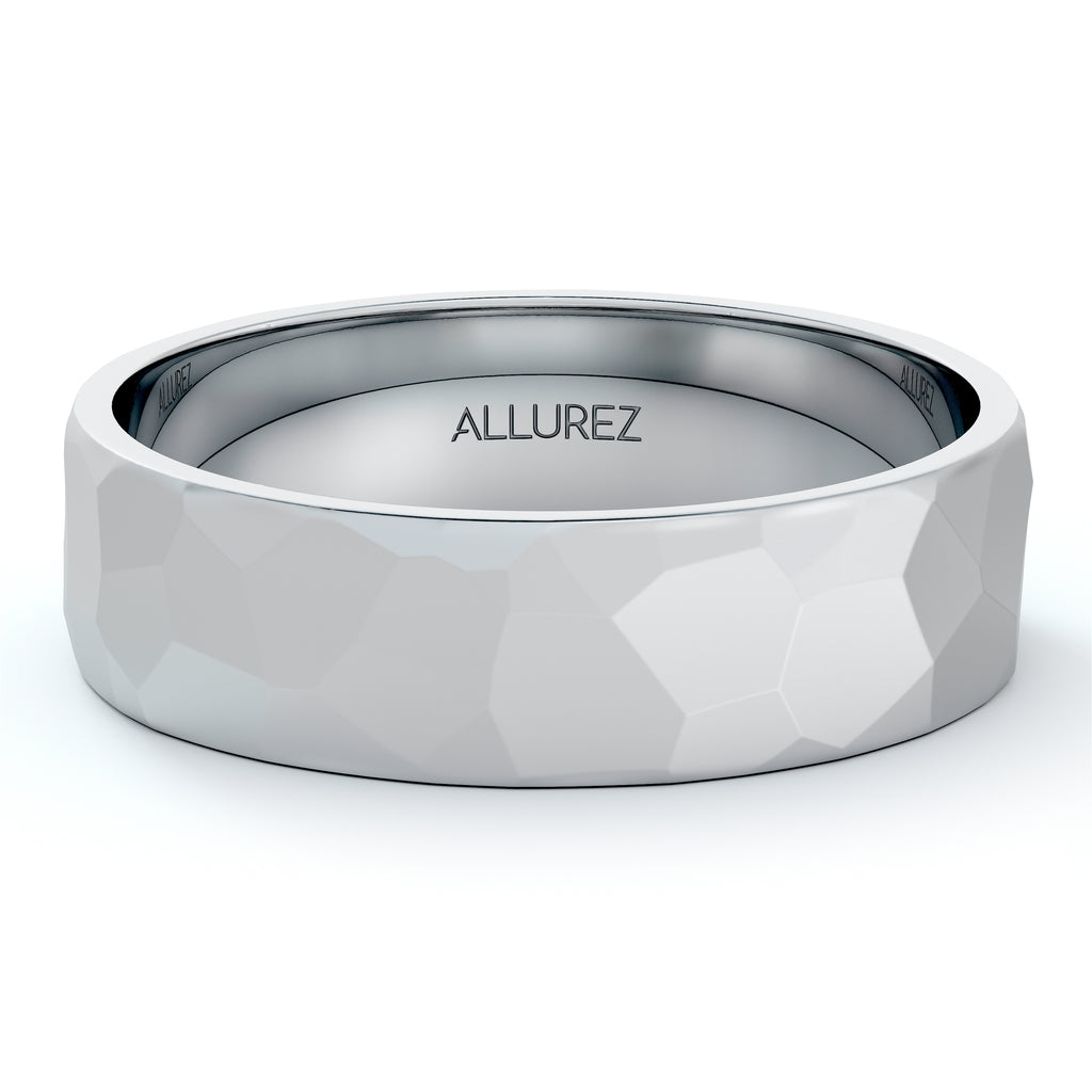 Men's Hammered Finished Carved Band Wedding Ring 14k White Gold (5mm)