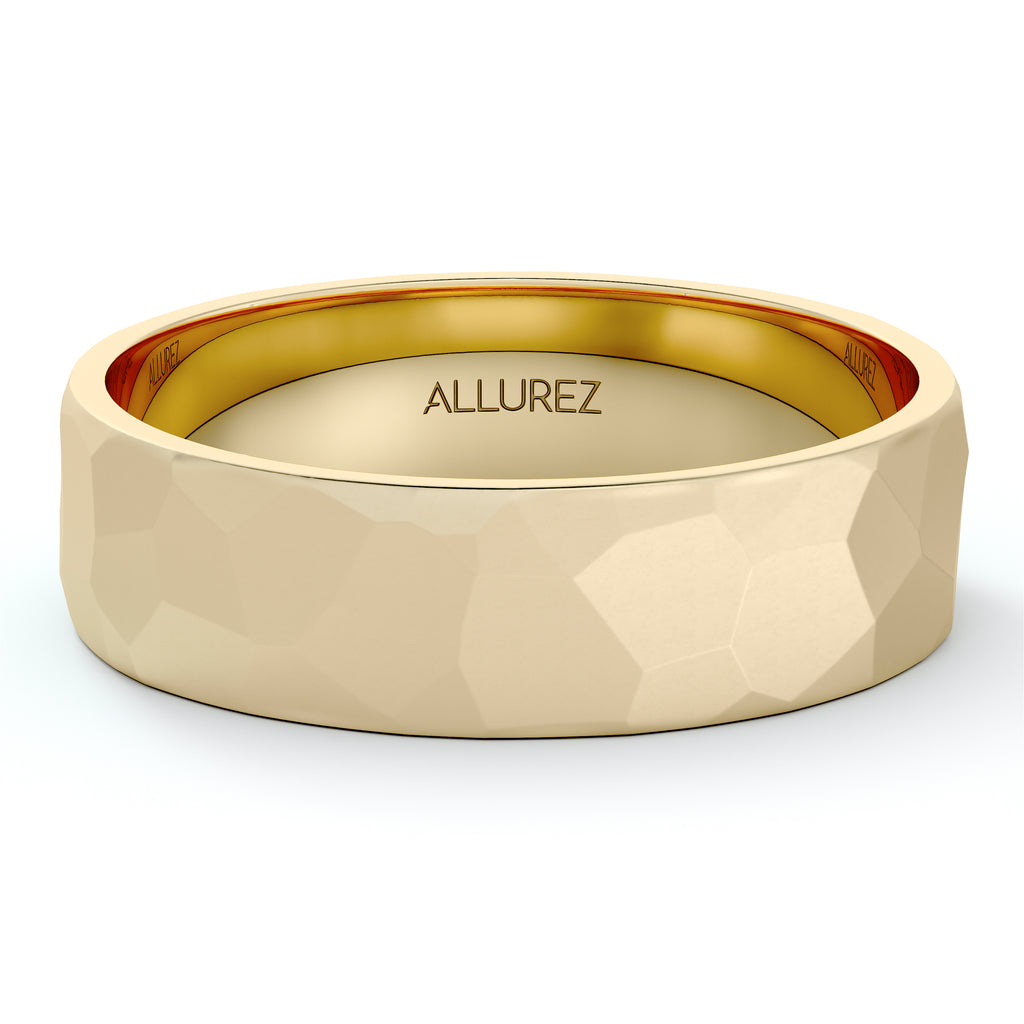 Men's Hammered Finished Carved Band Wedding Ring 18k Yellow Gold (5mm)