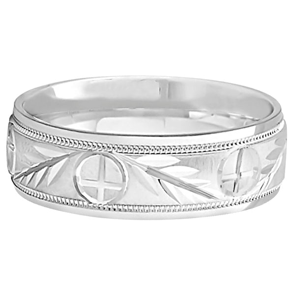 Men's Christian Leaf and Cross Wedding Band 14k White Gold (7mm)