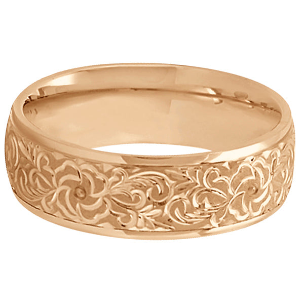 Hand-Engraved Flower Wedding Ring Wide Band 14k Rose Gold (7mm) - Size 7.25