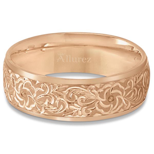 Hand-Engraved Flower Wedding Ring Wide Band 14k Rose Gold (7mm)