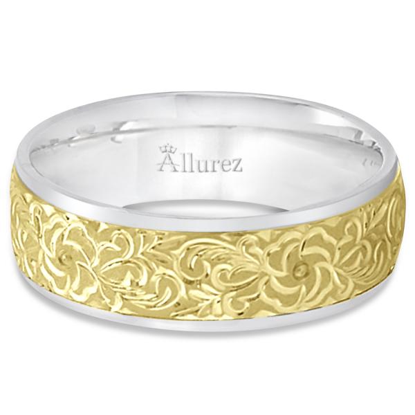 Hand-Engraved Flower Wedding Ring Wide Band 14k Two Tone Gold (7mm)