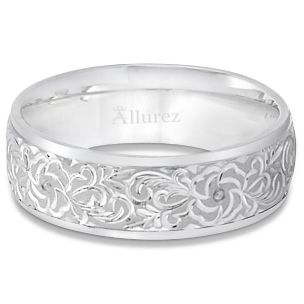 Hand-Engraved Flower Wedding Ring Wide Band 14k White Gold (7mm)
