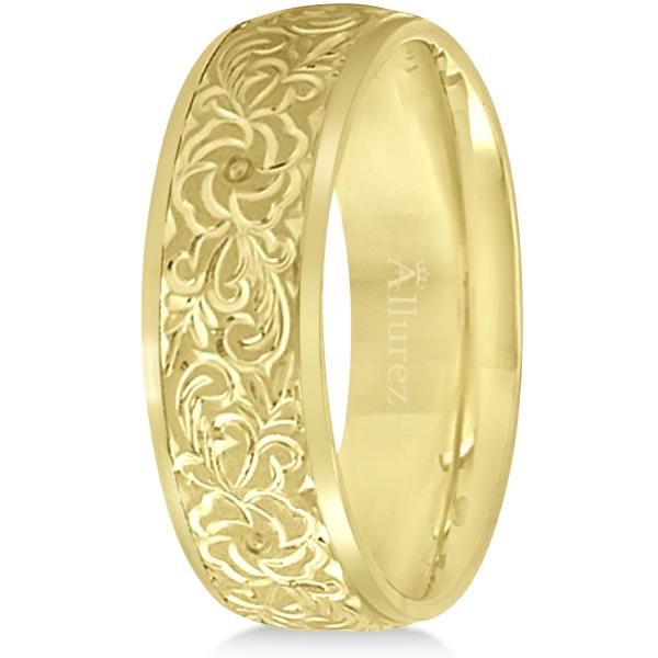 Hand-Engraved Flower Wedding Ring Wide Band 14k Yellow Gold (7mm)