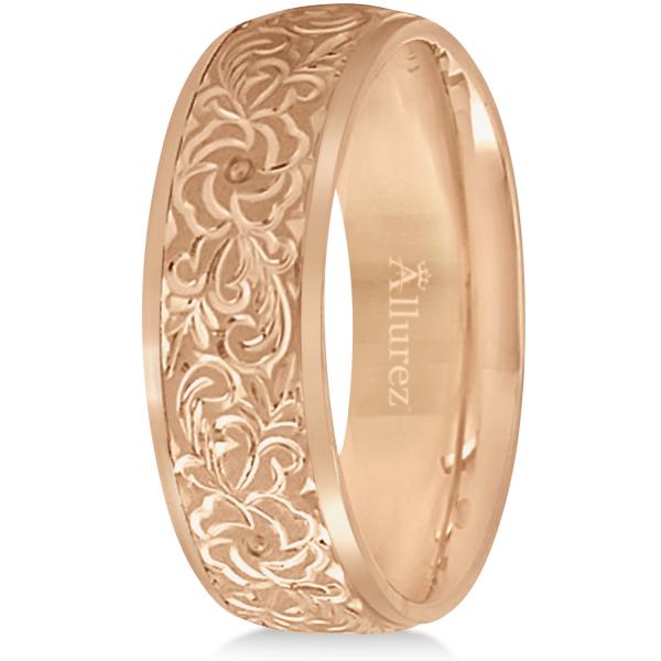 Hand-Engraved Flower Wedding Ring Wide Band 18k Rose Gold (7mm)