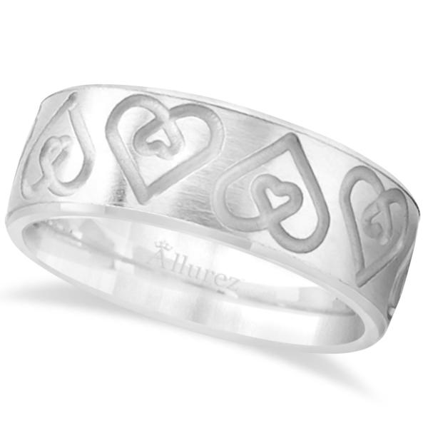 Ultra-Fancy Embossed Twin Heart Wedding Band in 14k White Gold