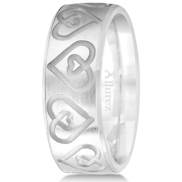 Ultra-Fancy Embossed Twin Heart Wedding Band in 14k White Gold