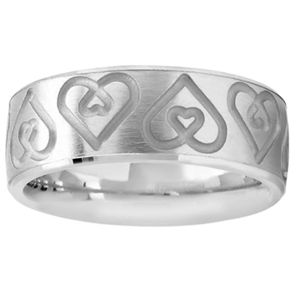 Ultra-Fancy Embossed Twin Heart Wedding Band in 14k White Gold