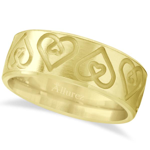 Ultra-Fancy Embossed Twin Heart Wedding Band in 14k Yellow Gold