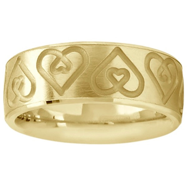 Ultra-Fancy Embossed Twin Heart Wedding Band in 14k Yellow Gold