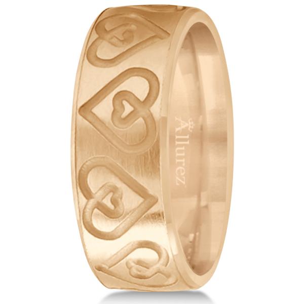 Ultra-Fancy Embossed Twin Heart Wedding Band in 18k Rose Gold