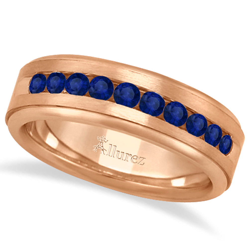 Men's Channel Set Blue Sapphire Wedding Band 14k Rose Gold (0.25ct)