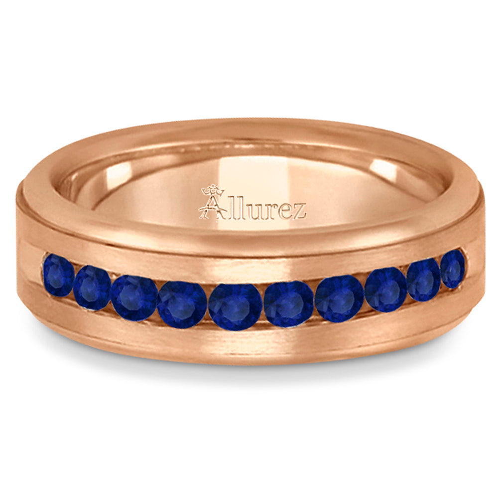 Men's Channel Set Blue Sapphire Wedding Band 14k Rose Gold (0.25ct)