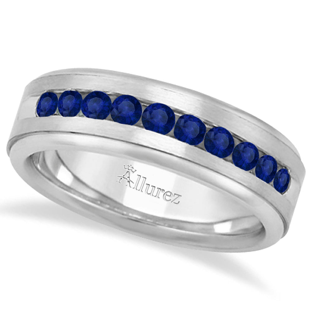 Men's Channel Set Blue Sapphire Wedding Band 18k White Gold (0.25ct)