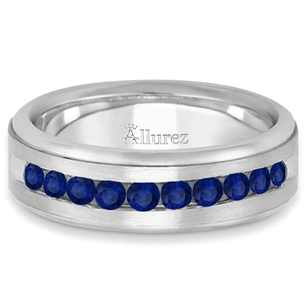 Men's Channel Set Blue Sapphire Wedding Band 18k White Gold (0.25ct)