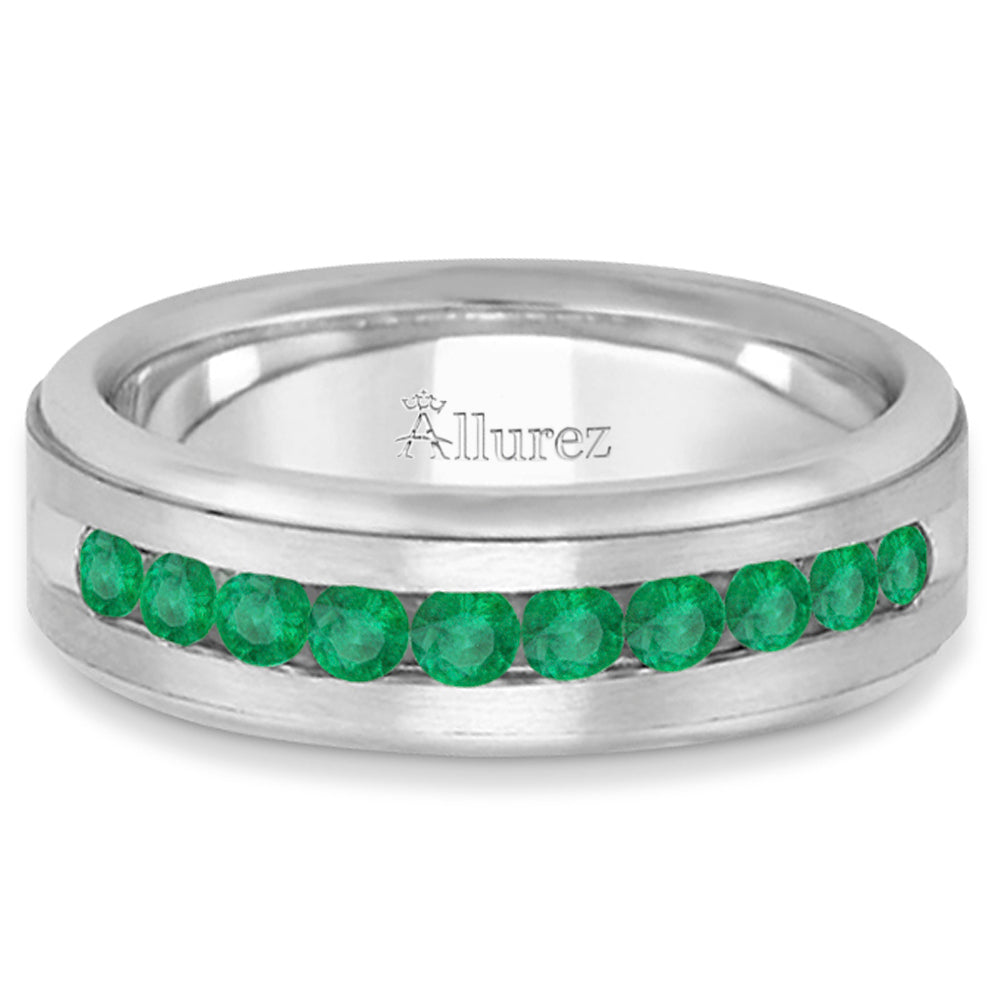 Men's Channel Set Emerald Ring Wedding Band 14k White Gold (0.25ct)
