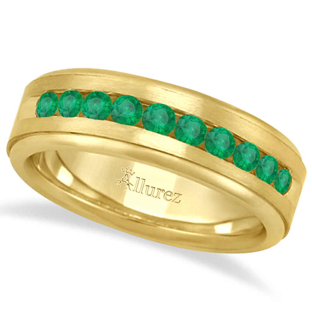 Men's Channel Set Emerald Ring Wedding Band 18k Yellow Gold (0.25ct)