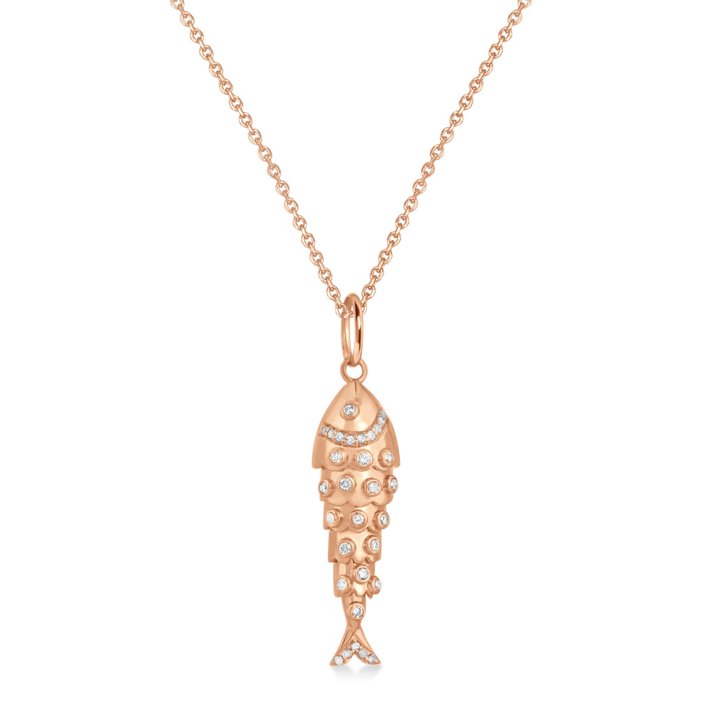 Diamond Fish Charm Pendant Necklace 14K Rose Gold (0.38ct)