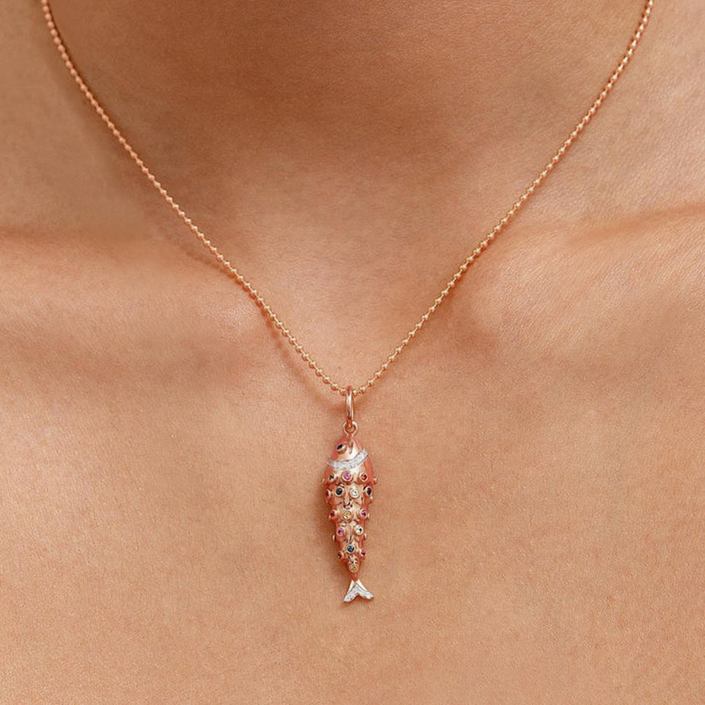 Diamond Fish Chain Diamond Fish Charm Pendant Necklace 14K Rose Gold (0.38ct)