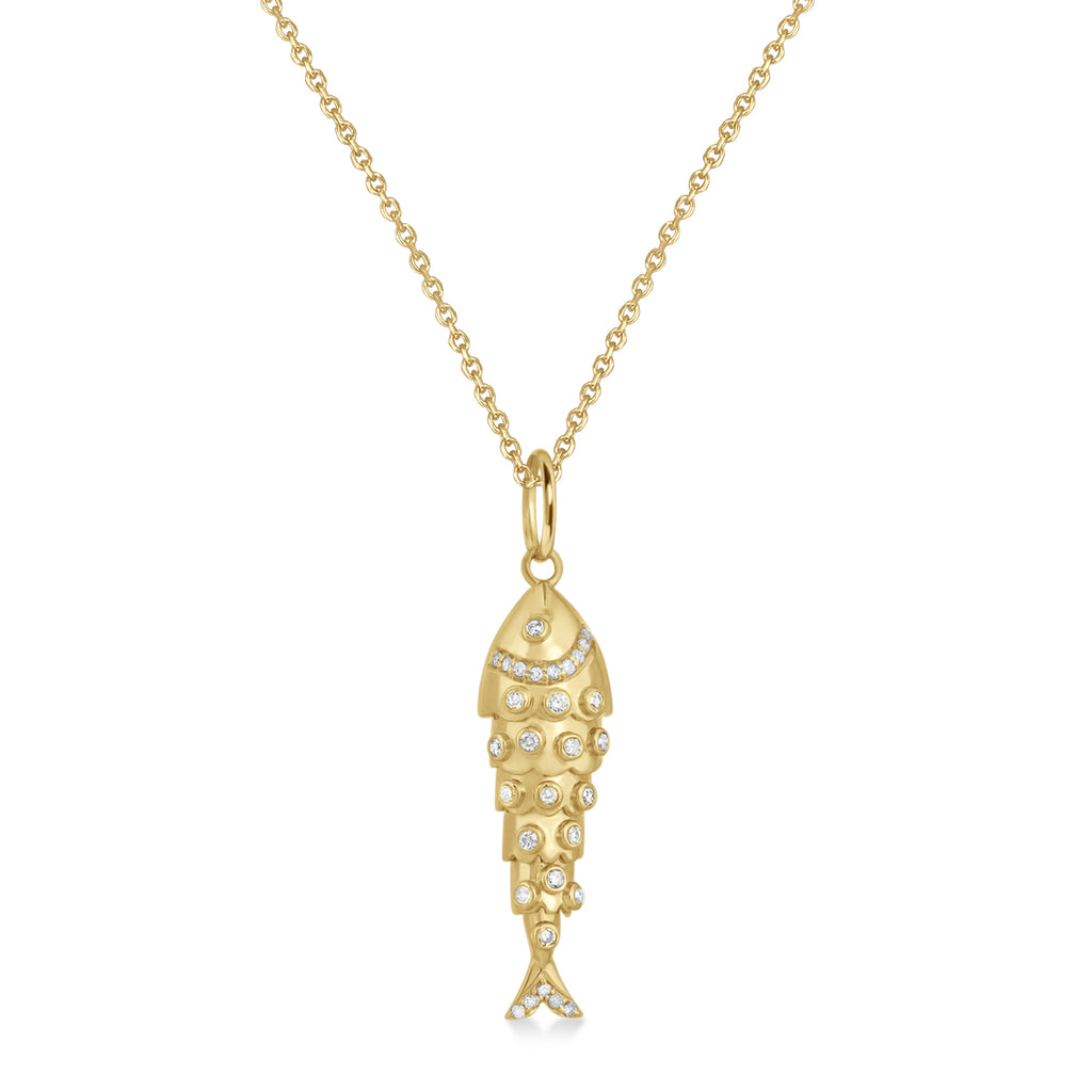 Diamond Fish Charm Pendant Necklace 14K Yellow Gold (0.38ct)