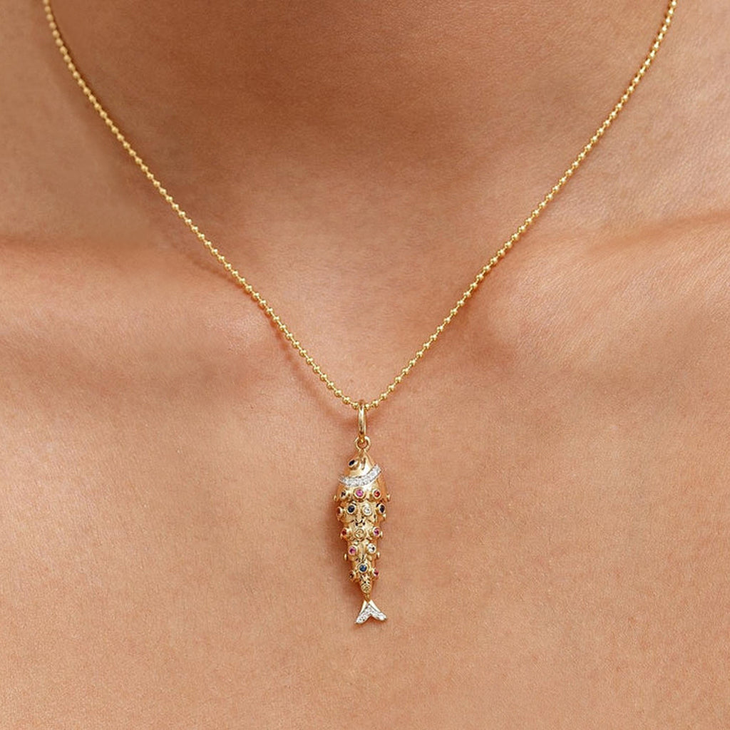 Diamond Fish Charm Pendant Necklace 14K Yellow Gold (0.38ct)