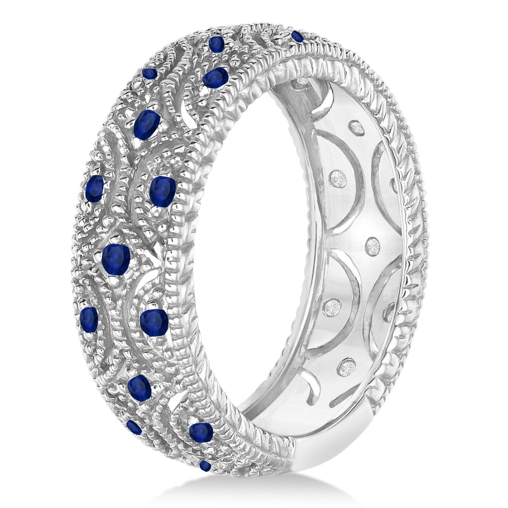 Blue Sapphire Milgrain Vintage Eternity Band 14k White Gold (0.38ct)