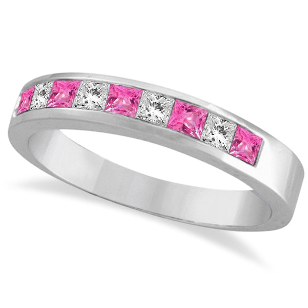 Princess Channel-Set Lab Diamond & Pink Sapphire Ring 14k White Gold