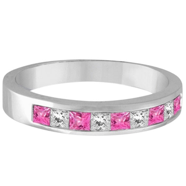 Princess Channel-Set Diamond & Pink Sapphire Ring Band 14k White Gold