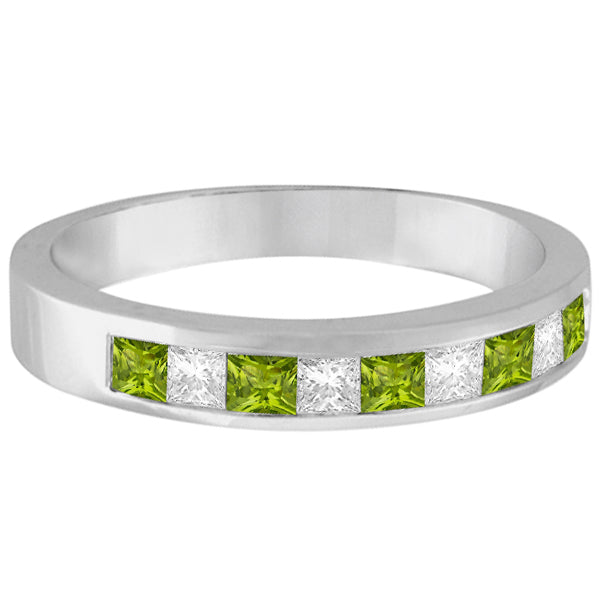 Princess Channel-Set Diamond & Peridot Ring Band 14K White Gold