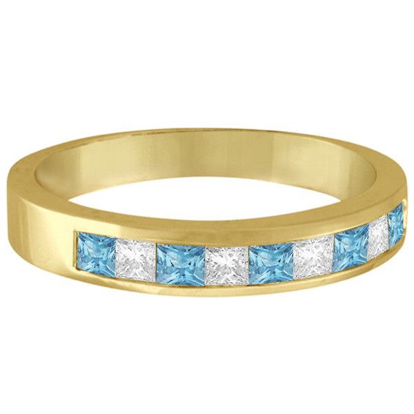 Princess Channel-Set Diamond & Aquamarine Ring Band 14K Yellow Gold