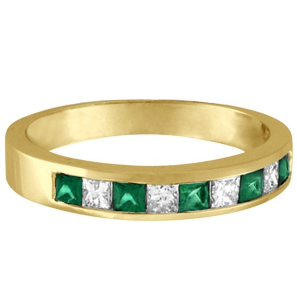 Princess-Cut Diamond & Emerald Ring Band 14k Yellow Gold (0.73ct)