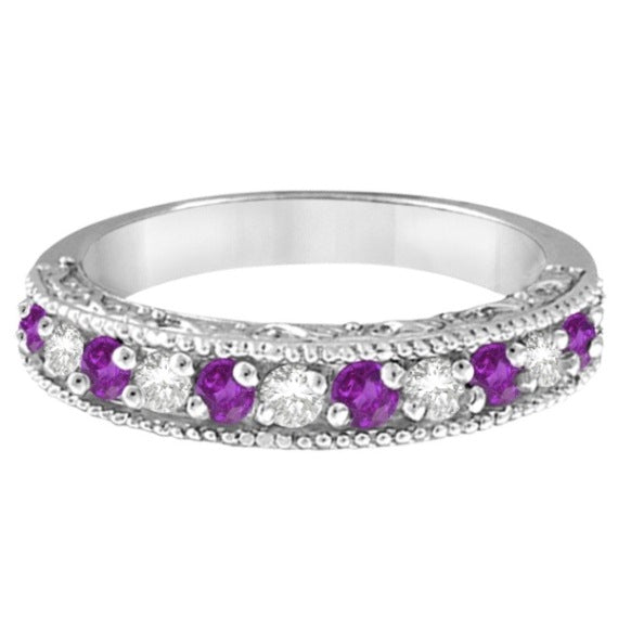 Amethyst & Diamond Ring Anniversary Band 14k White Gold (0.30ct)