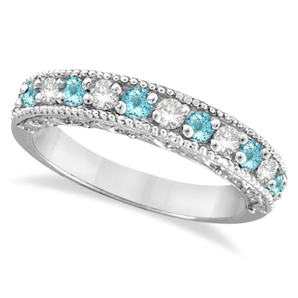 Aquamarine & Diamond Ring Anniversary Band 14k White Gold (0.30ct)