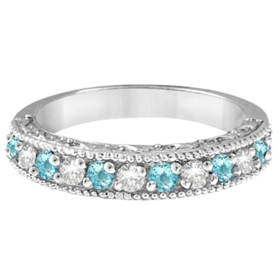 Aquamarine & Diamond Ring Anniversary Band 14k White Gold (0.30ct)