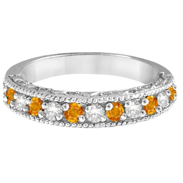 Citrine & Diamond Ring Anniversary Band 14k White Gold (0.30ct)