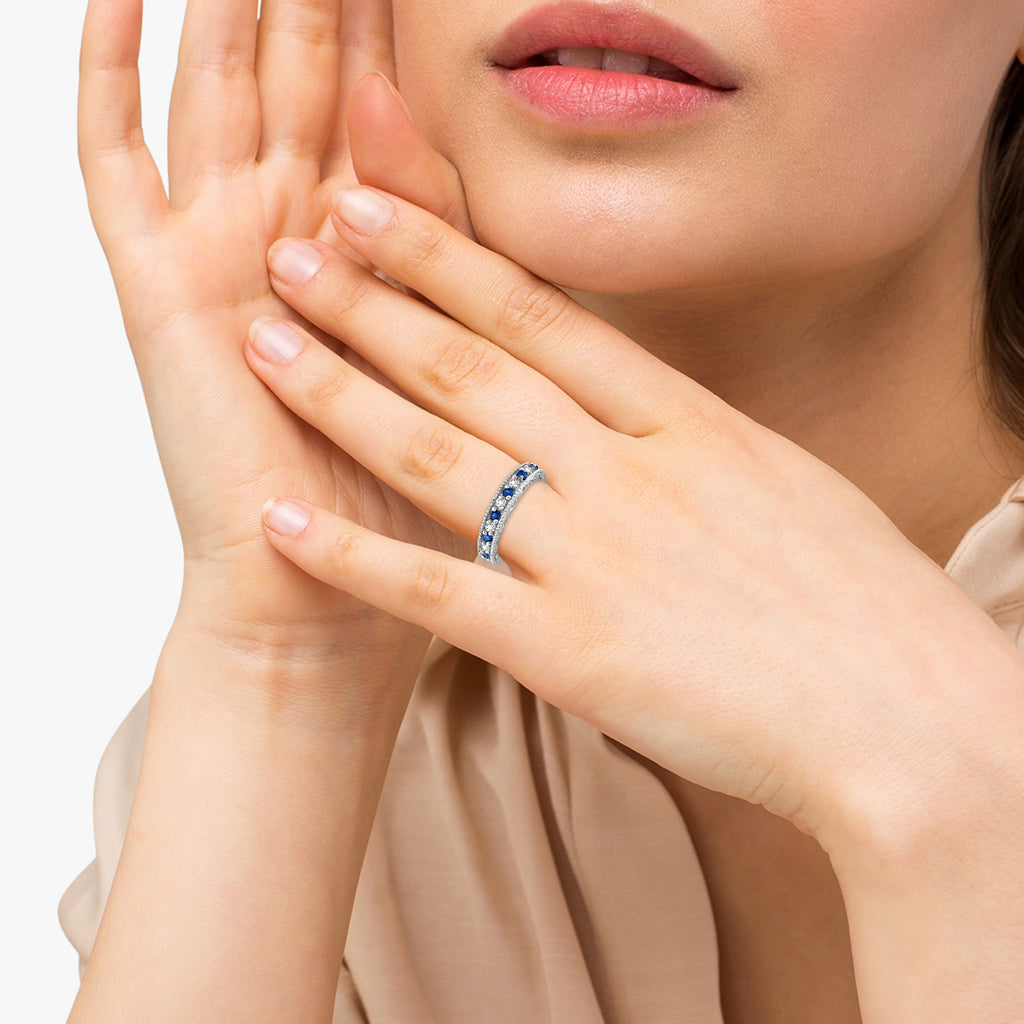 Blue Sapphire & Diamond Ring Anniversary Band 14k White Gold (0.30ct)