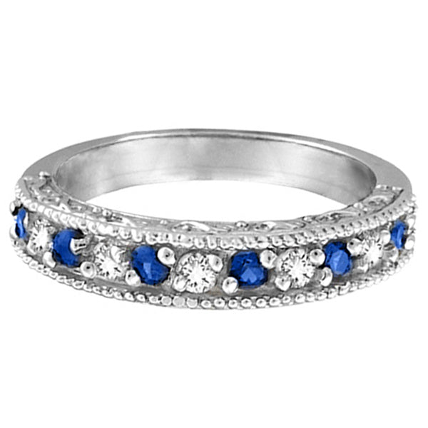 Blue Sapphire & Diamond Ring Anniversary Band 14k White Gold (0.30ct)