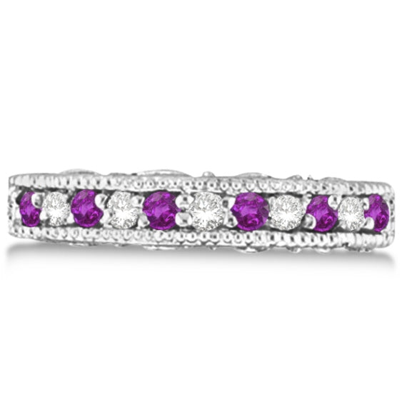 Diamond & Amethyst Band Filigree Design Ring 14k White Gold (0.60ct)