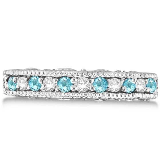 Diamond & Aquamarine Band Filigree Design Ring 14k White Gold (0.60ct)
